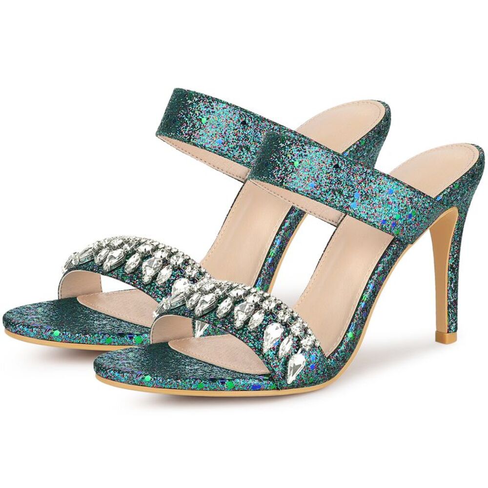 Glitter Rhinestone Stiletto Heels Slides Sandals Green